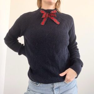 J.crew Navy Blue Sweater with Red Plaid Bow
